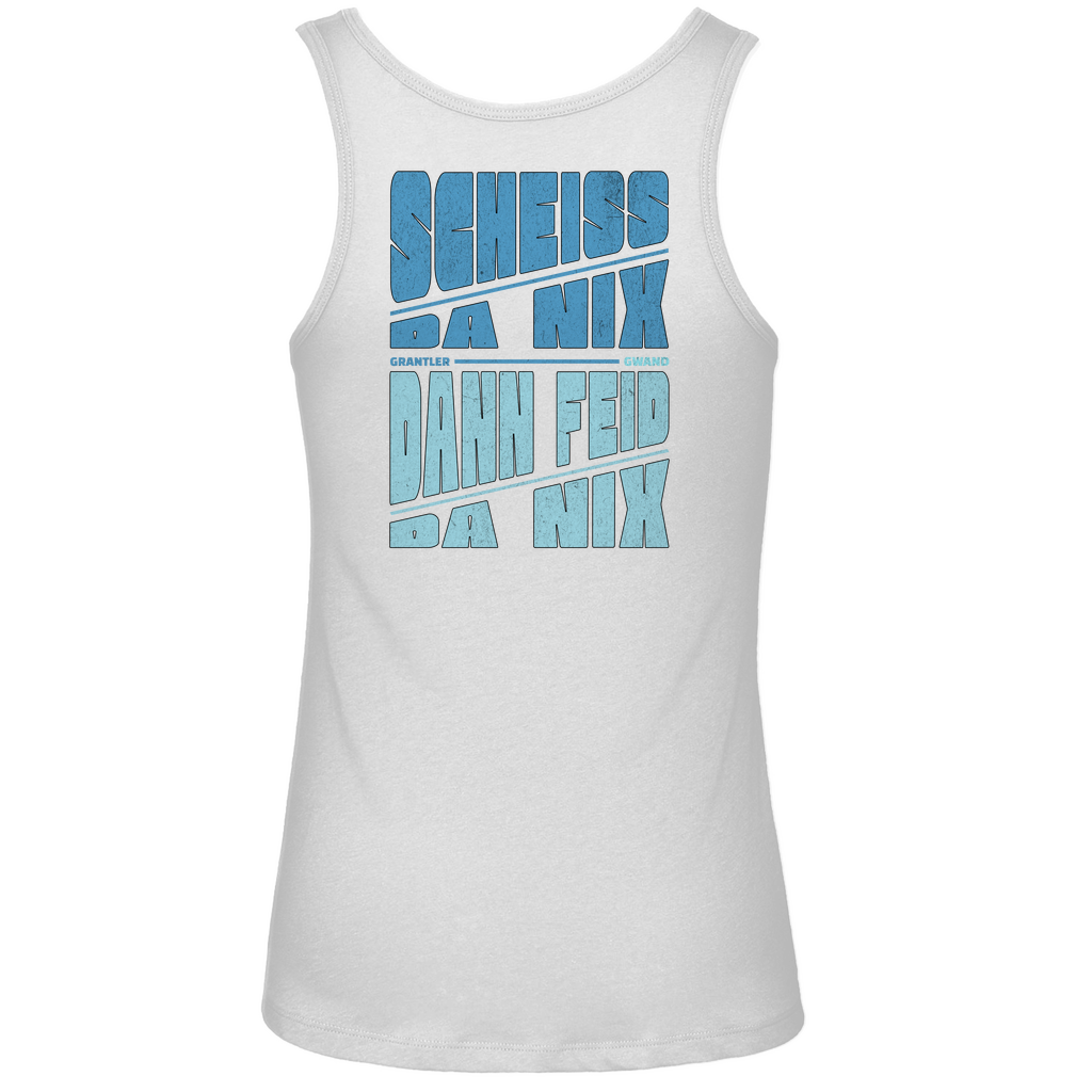 Bayerisches Damen Premium Organic Tank Top Scheiss da nix, dann feid da nix - blau - Front- und Backprint - Grantler Gwand