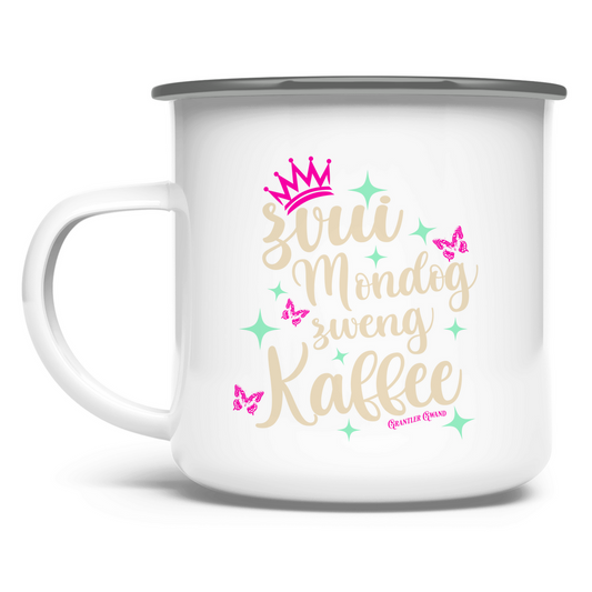 bayerische Emaille Tasse Z´vui Mondog, z´weng Kaffee - Grantler Gwand