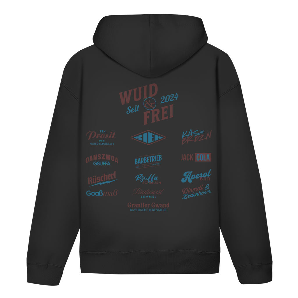 Bayerischer Hoodie Unisex - Wuid & Frei Dorfleben -rot/blau - Grantler Gwand