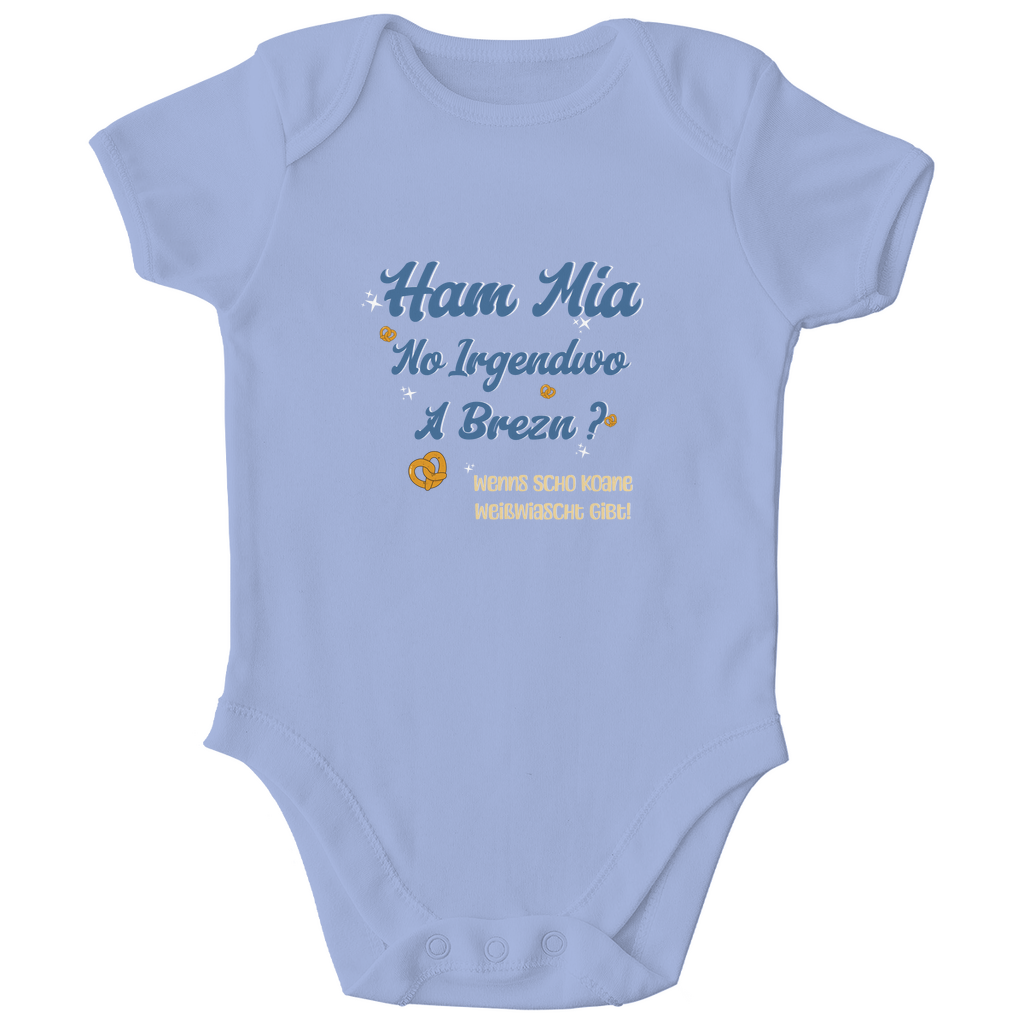 Bayerischer Bio Baby Body Ham mia no irgendwo a Brezn - blau - Grantler Gwand