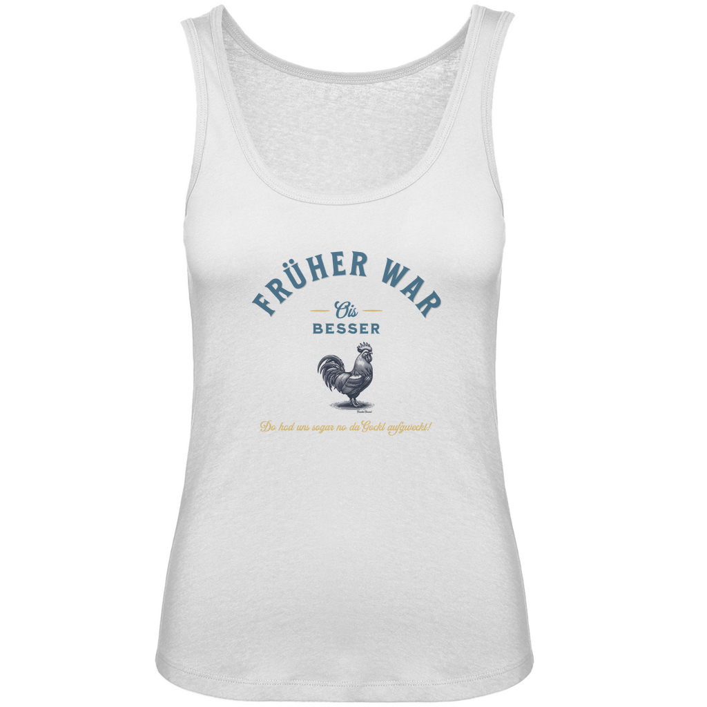 Bayerisches Damen Premium Organic Tank Top Früher war ois besser - blau/gold - Grantler Gwand