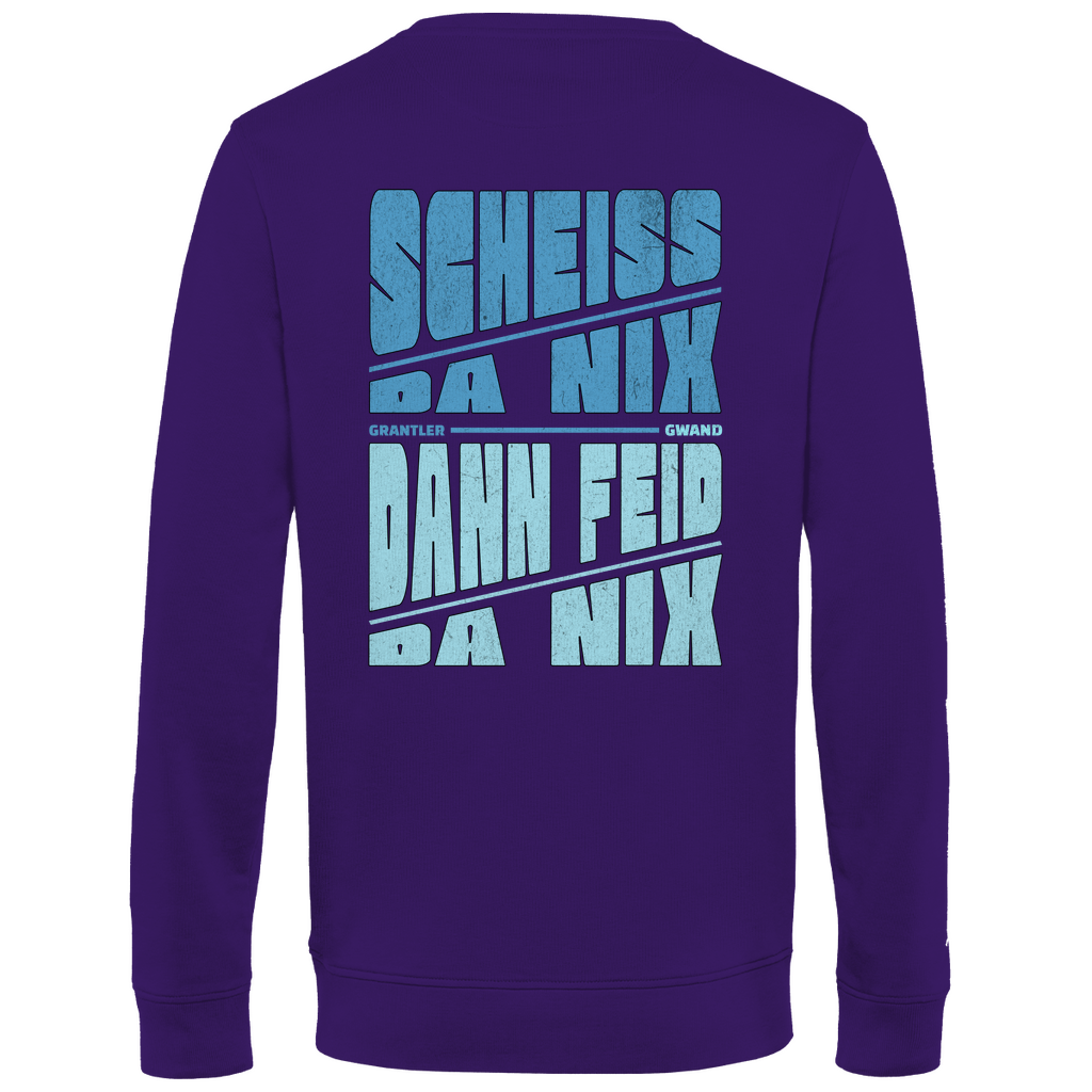 Bayerisches Herren Premium Bio Sweatshirt Scheiss da nix, dann feid da nix - blau - Front und Backprint - Grantler Gwand