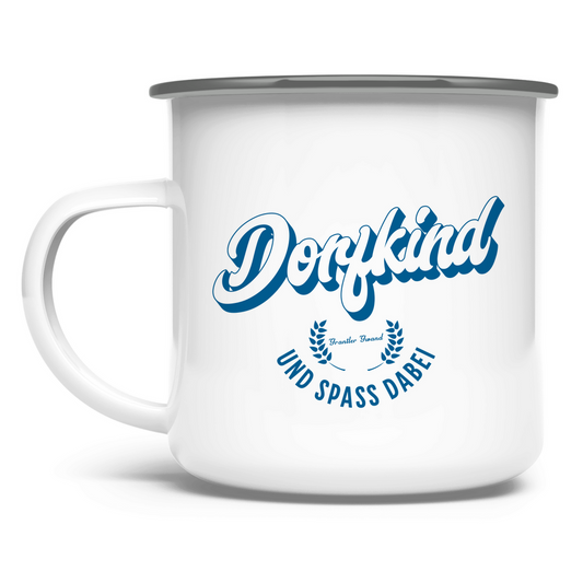 Bayerische Emaille Tasse Dorfkind und Spaß dabei - blau - Grantler Gwand