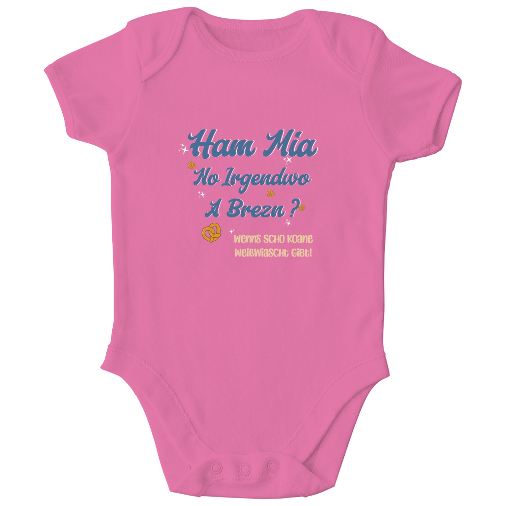 Bayerischer Bio Baby Body Ham mia no irgendwo a Brezn - blau - Grantler Gwand