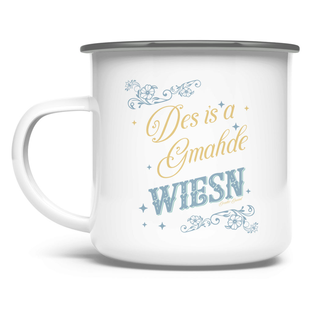 Emaille Tasse Des is a gmahde Wiesn - grün/gold
