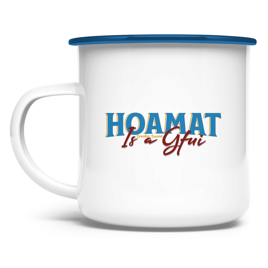 Emaille Tasse Hoamat is a Gfui - blau/rot