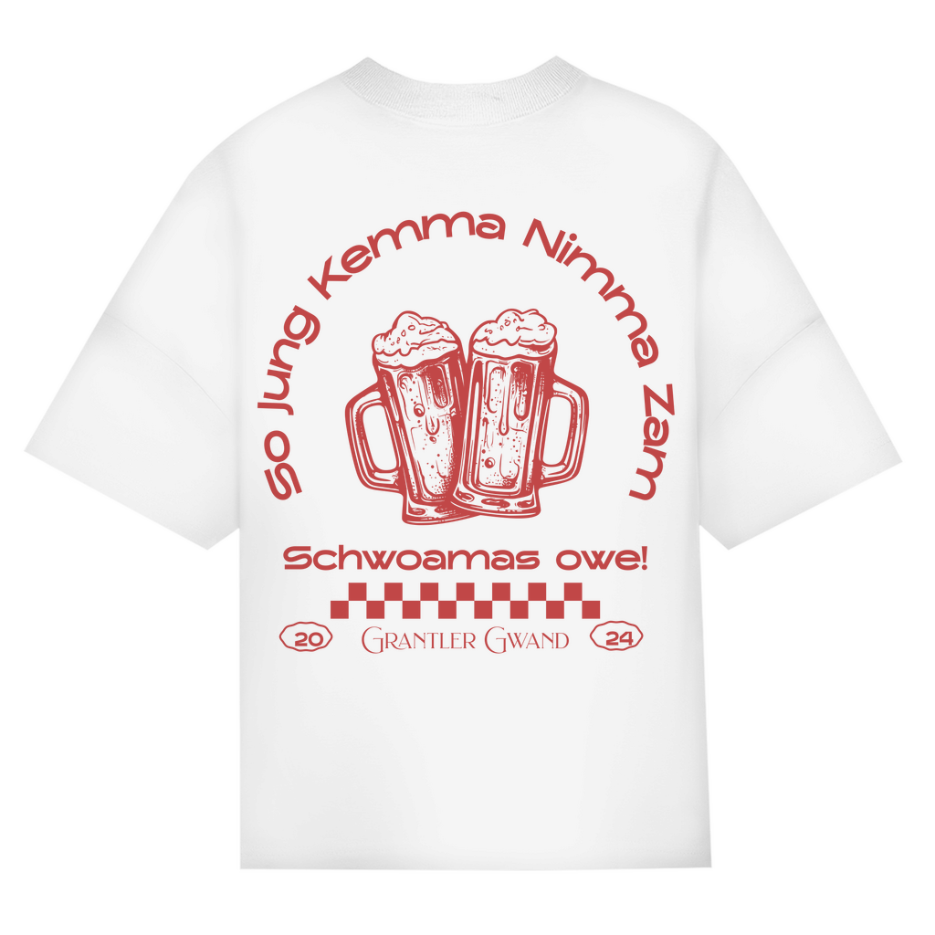 Bayerisches Oversize T-Shirt Unisex - So jung kemma nimma zam, schwoamas owe - rot - Grantler Gwand