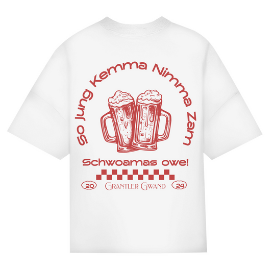 Bayerisches Oversize T-Shirt Unisex - So jung kemma nimma zam, schwoamas owe - rot - Grantler Gwand