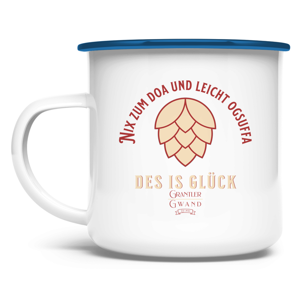 Emaille Tasse Nix zum doa und leicht ogsuffa - rot/beige