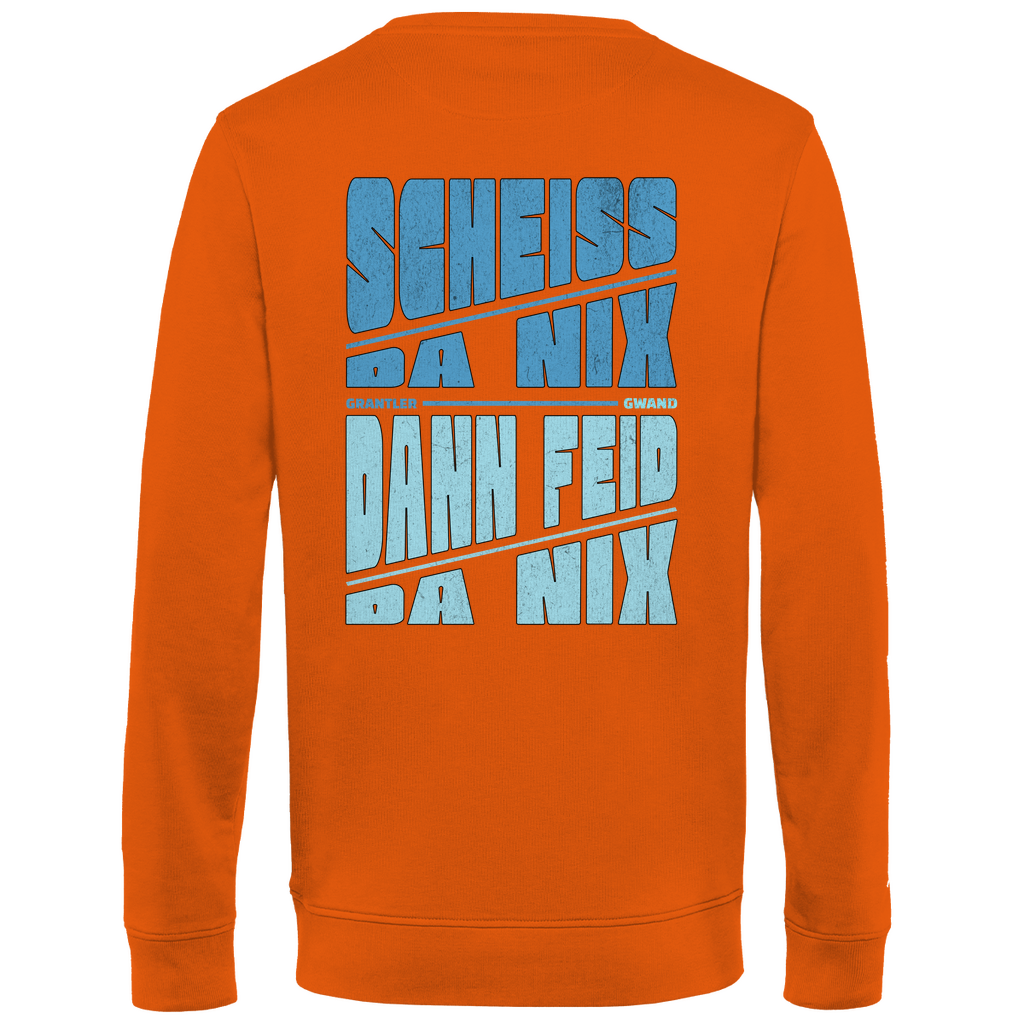 Bayerisches Herren Premium Bio Sweatshirt Scheiss da nix, dann feid da nix - blau - Front und Backprint - Grantler Gwand