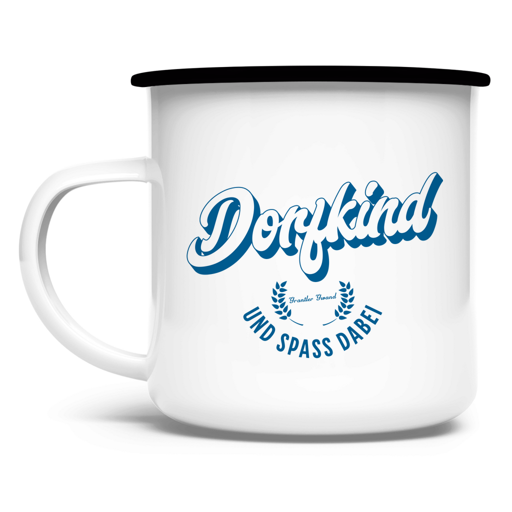 Bayerische Emaille Tasse Dorfkind und Spaß dabei - blau - Grantler Gwand