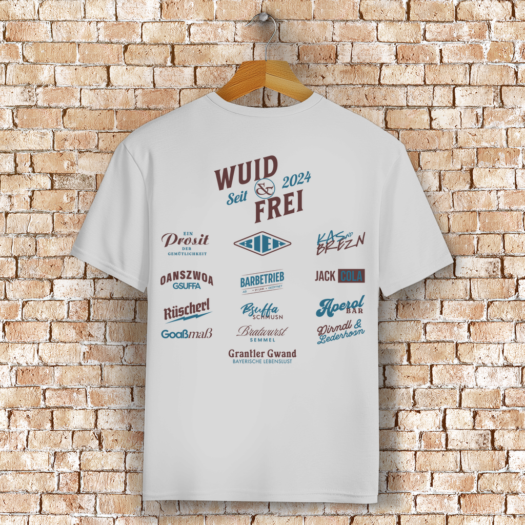 Bayerisches T-Shirt Unisex - Wuid & Frei Dorfleben -rot/blau - Grantler Gwand