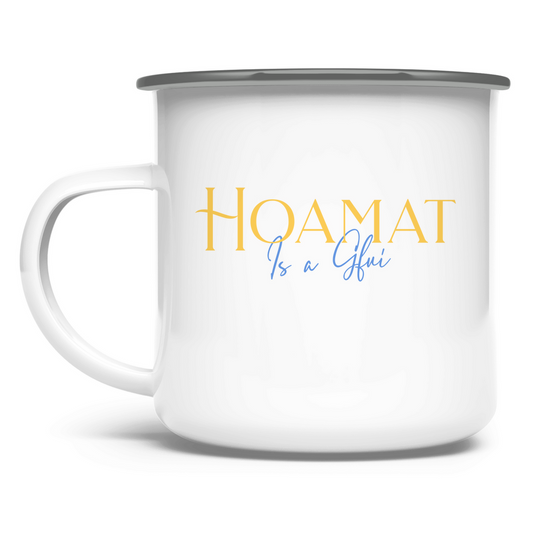 bayerische Emaille Tasse Hoamat is a Gfui - Gelb/Blau - Grantler Gwand