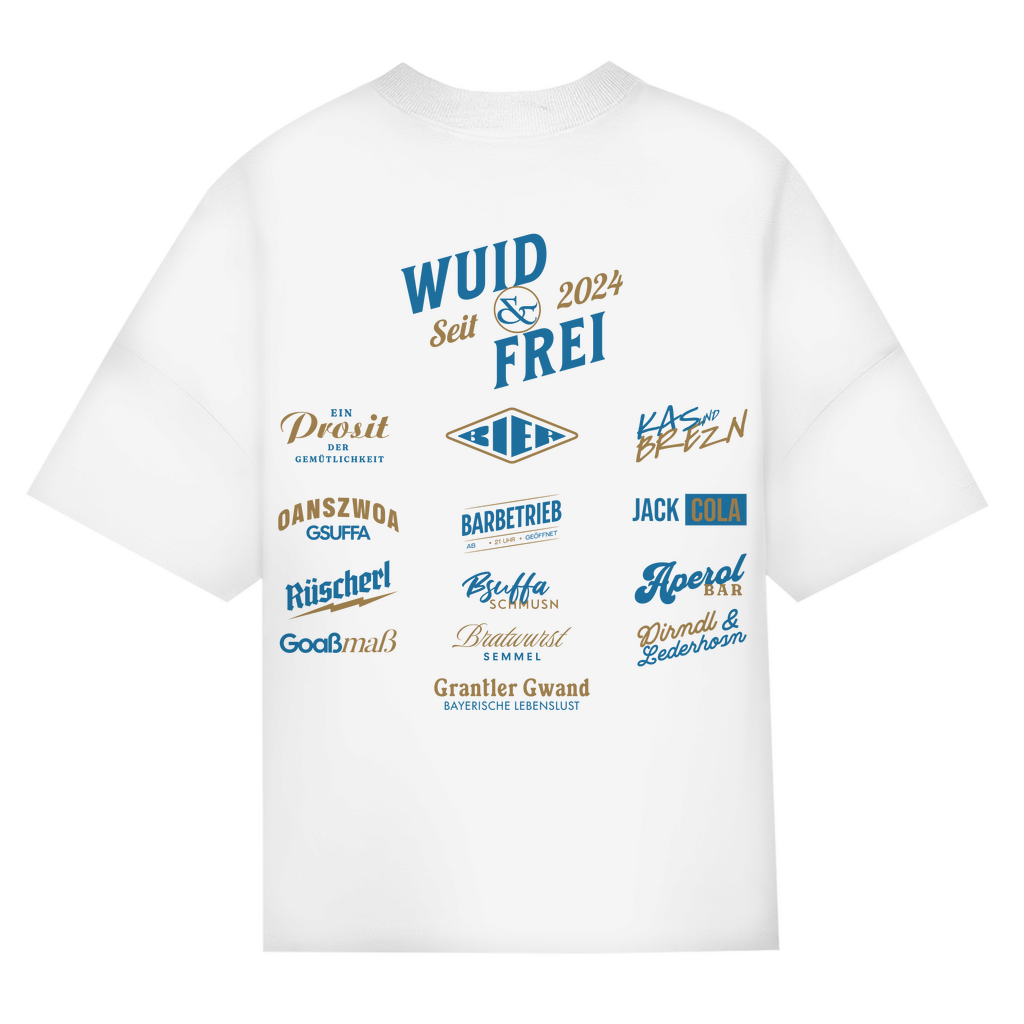 Bayerisches Oversize T-Shirt Unisex - Wuid & Frei Dorfleben -blau/gold - Grantler Gwand