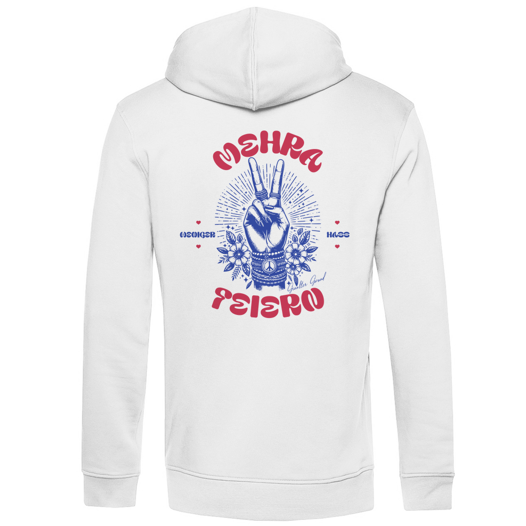 Bayerischer Herren Premium Bio Hoodie Weniger Hass, Mehra Feiern - Rot/Blau - Grantler Gwand - Rückendruck