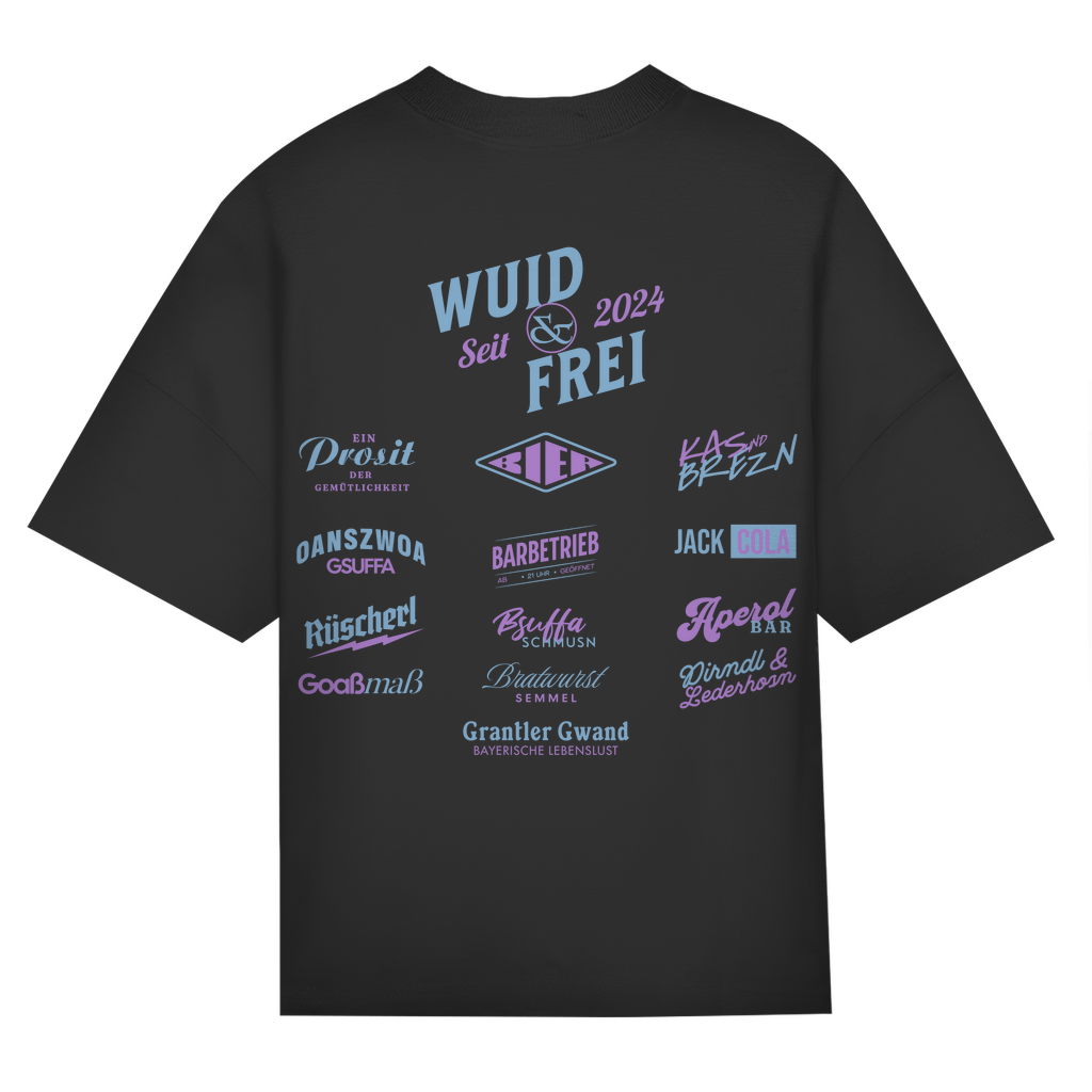 Bayerisches Oversize T-Shirt Frauen - Wuid & Frei Dorfleben -blau/lila - Grantler Gwand