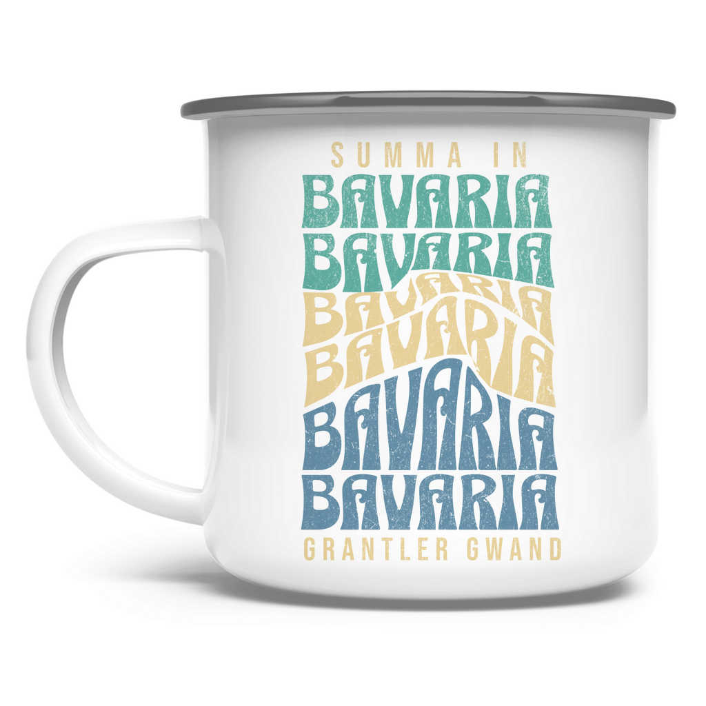 Bayerische Emaille Tasse Summa in Bavaria - Grün/Gold/Blau - Grantler Gwand