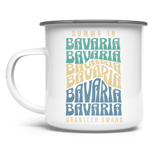 Bayerische Emaille Tasse Summa in Bavaria - Grün/Gold/Blau - Grantler Gwand