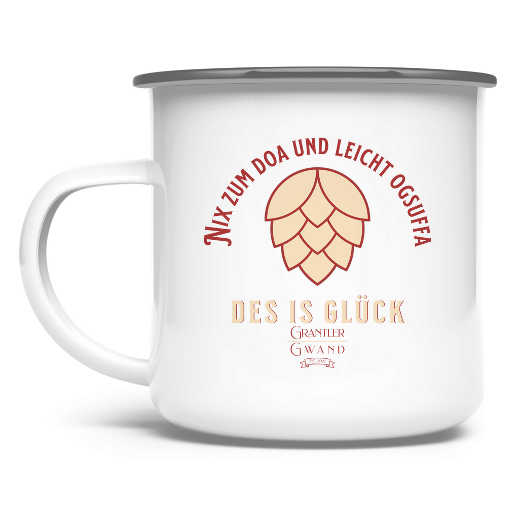 Emaille Tasse Nix zum doa und leicht ogsuffa - rot/beige