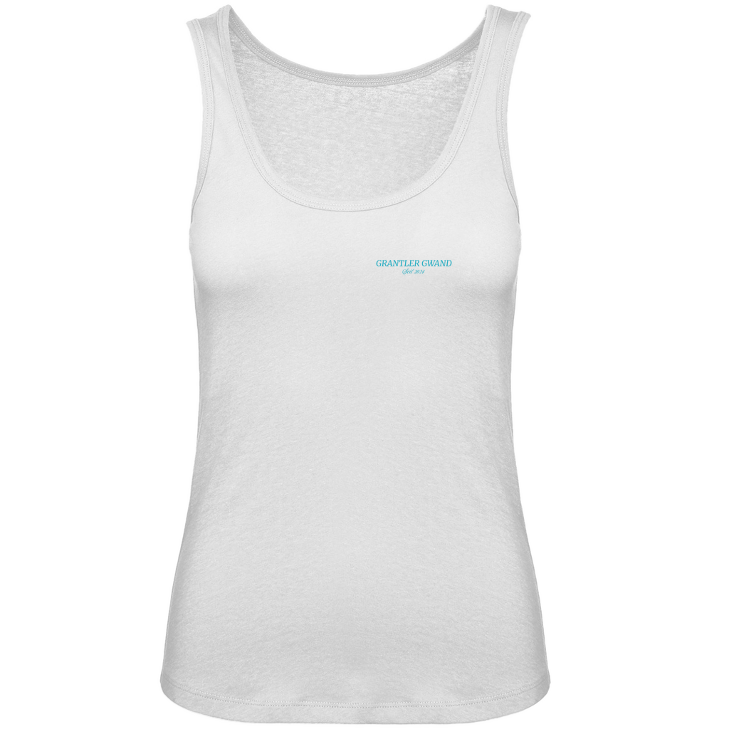 Bayerisches Damen Premium Organic Tank Top Kinna dad I scho, oba meng dua I ned - blau - Front- und Backprint - Grantler Gwand