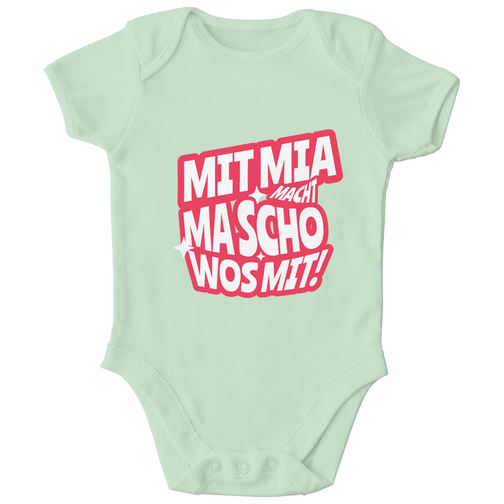 Bayerischer Bio Baby Body Mit mia macht ma scho wos mit - rot - Grantler Gwand