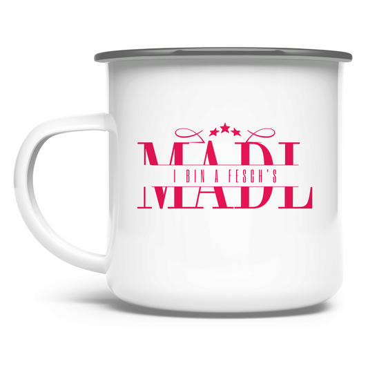 bayerische Emaille Tasse I bin a fesch´s Madl - rot - Grantler Gwand