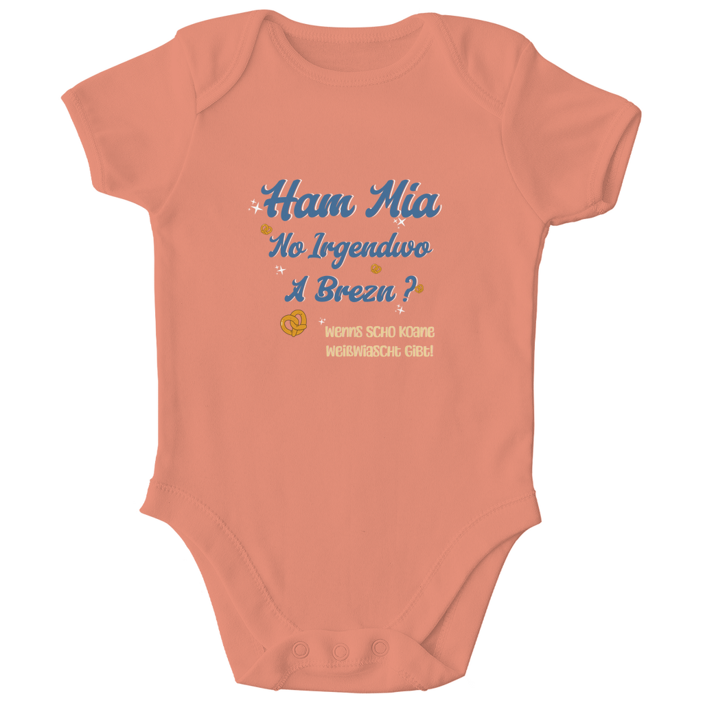 Bayerischer Bio Baby Body Ham mia no irgendwo a Brezn - blau - Grantler Gwand