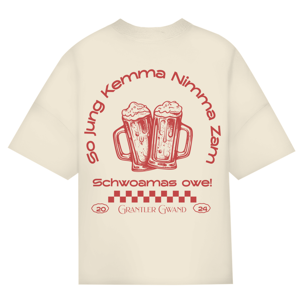 Bayerisches Oversize T-Shirt Unisex - So jung kemma nimma zam, schwoamas owe - rot - Grantler Gwand