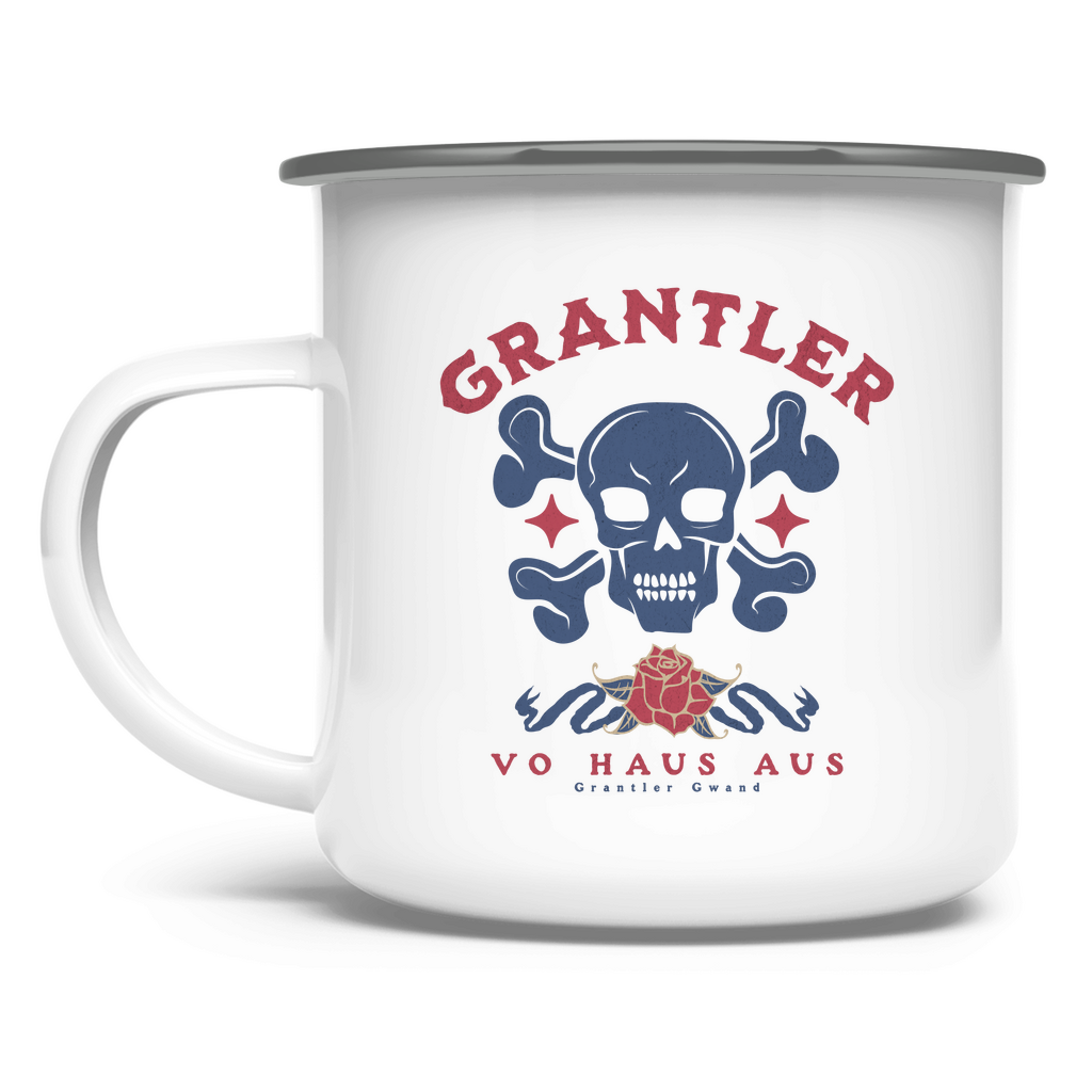 Bayerische Emaille Tasse Grantler vo Haus aus - rot/blau - Grantler Gwand