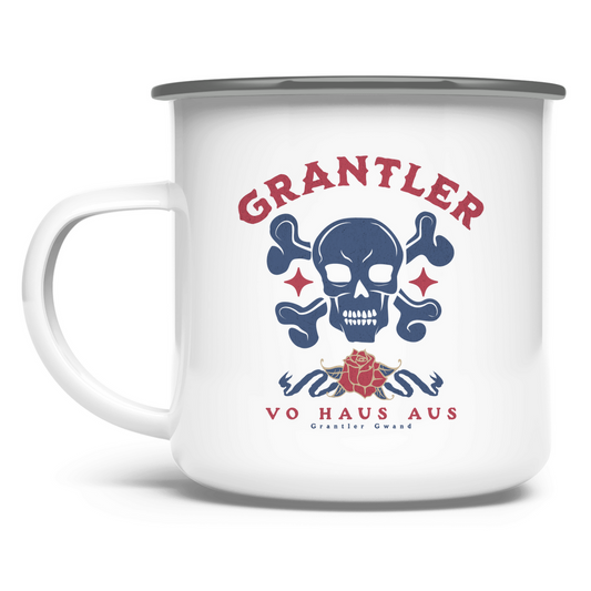 Bayerische Emaille Tasse Grantler vo Haus aus - rot/blau - Grantler Gwand