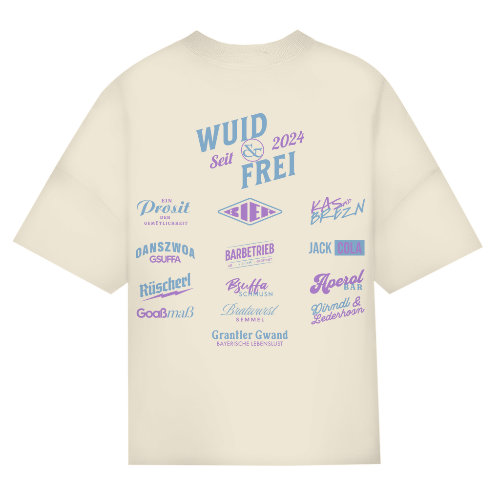 Bayerisches Oversize T-Shirt Frauen - Wuid & Frei Dorfleben -blau/lila - Grantler Gwand