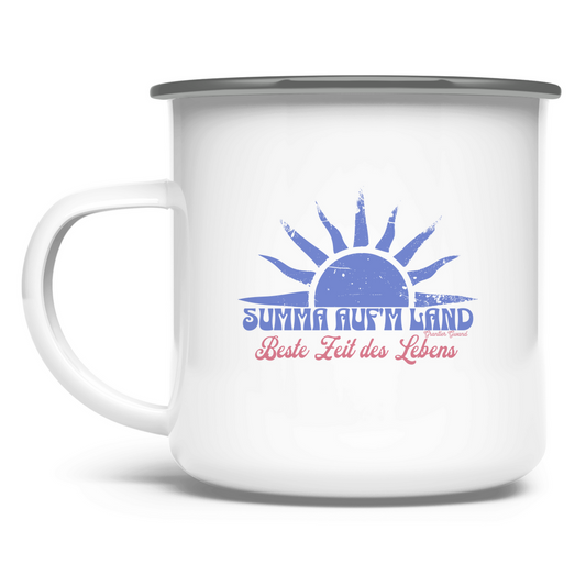 Emaille Tasse Summa auf´m Land - blau/rot