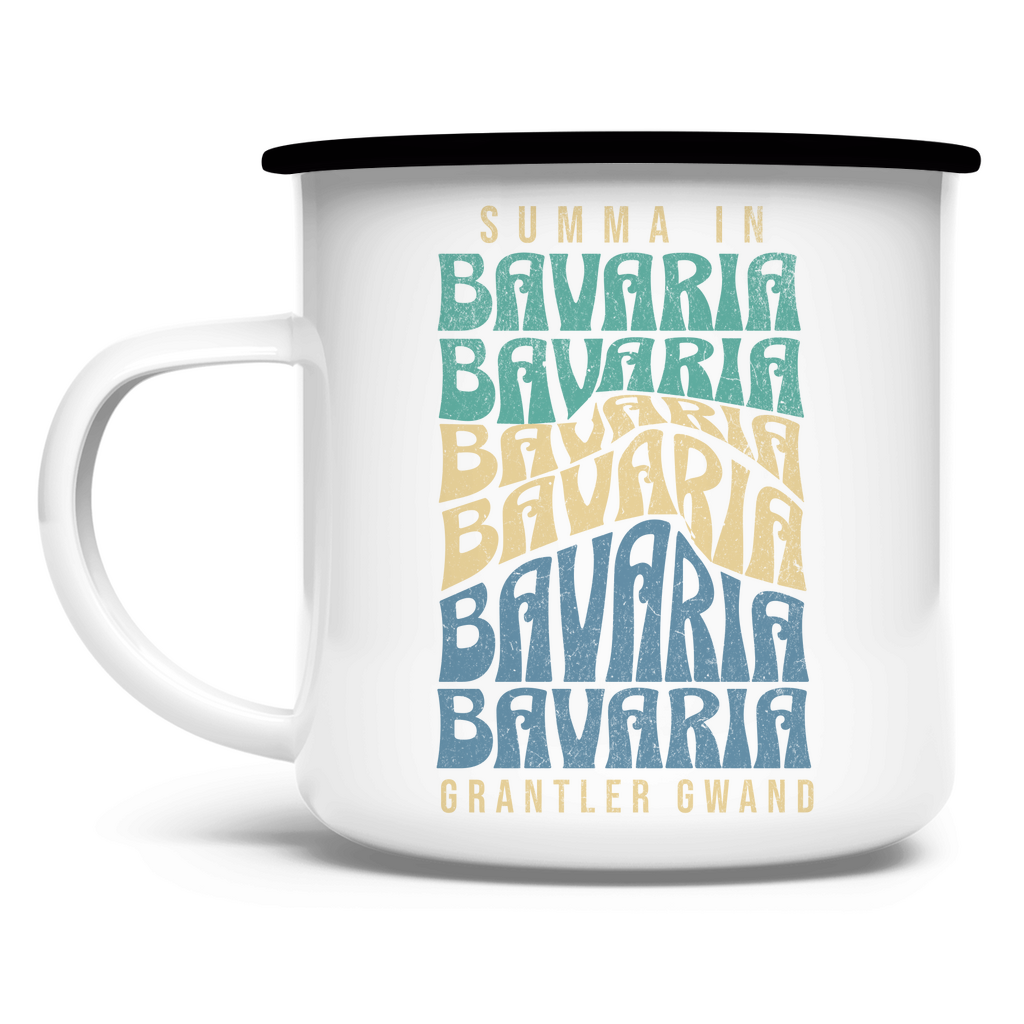 Bayerische Emaille Tasse Summa in Bavaria - Grün/Gold/Blau - Grantler Gwand