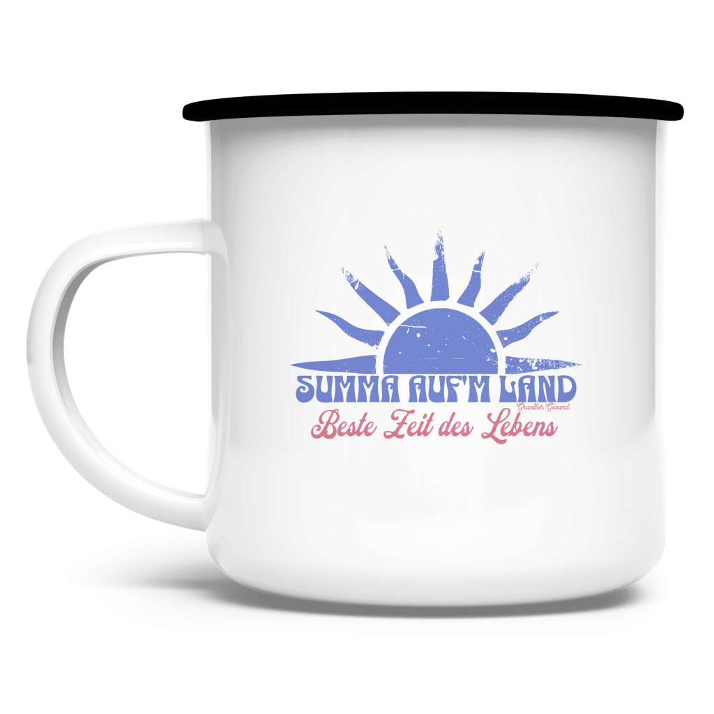 Emaille Tasse Summa auf´m Land - blau/rot
