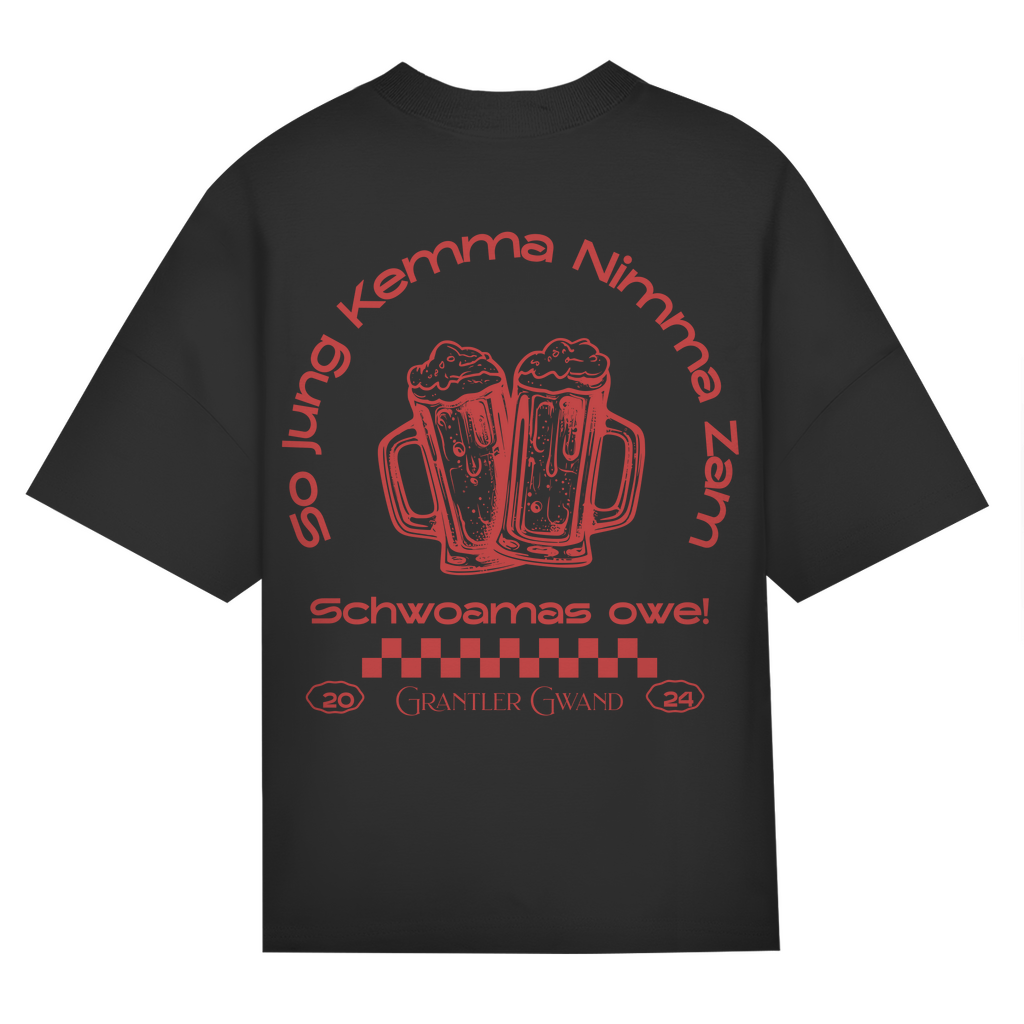 Bayerisches Oversize T-Shirt Unisex - So jung kemma nimma zam, schwoamas owe - rot - Grantler Gwand