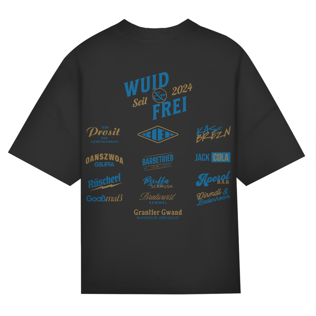 Bayerisches Oversize T-Shirt Unisex - Wuid & Frei Dorfleben -blau/gold - Grantler Gwand