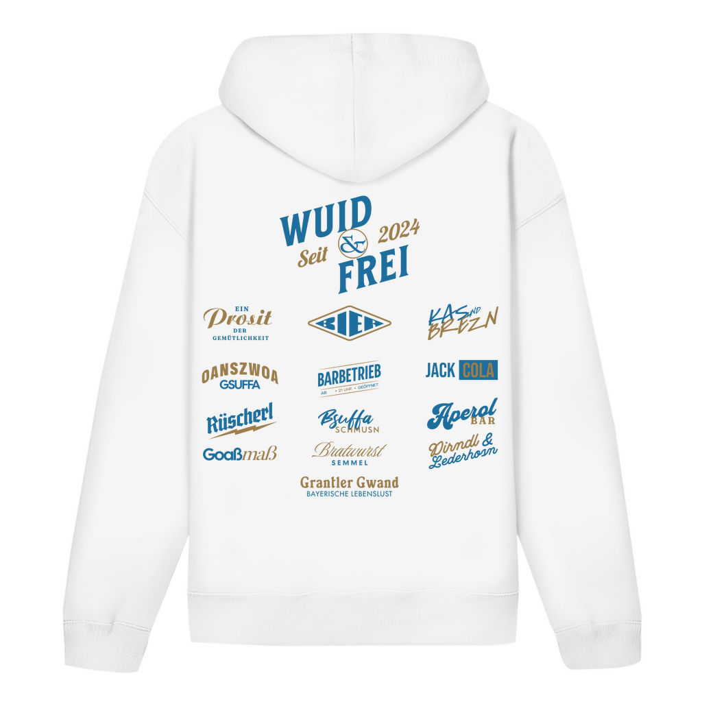 Bayerischer Hoodie Unisex - Wuid & Frei Dorfleben -blau/gold - Grantler Gwand