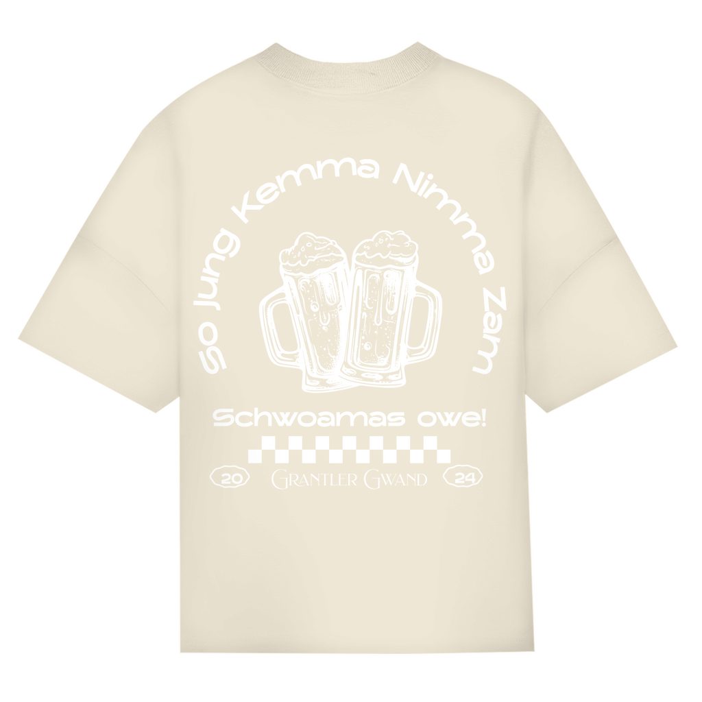 Bayerisches Oversize T-Shirt Unisex - So jung kemma nimma zam, schwoamas owe - weiß - Grantler Gwand