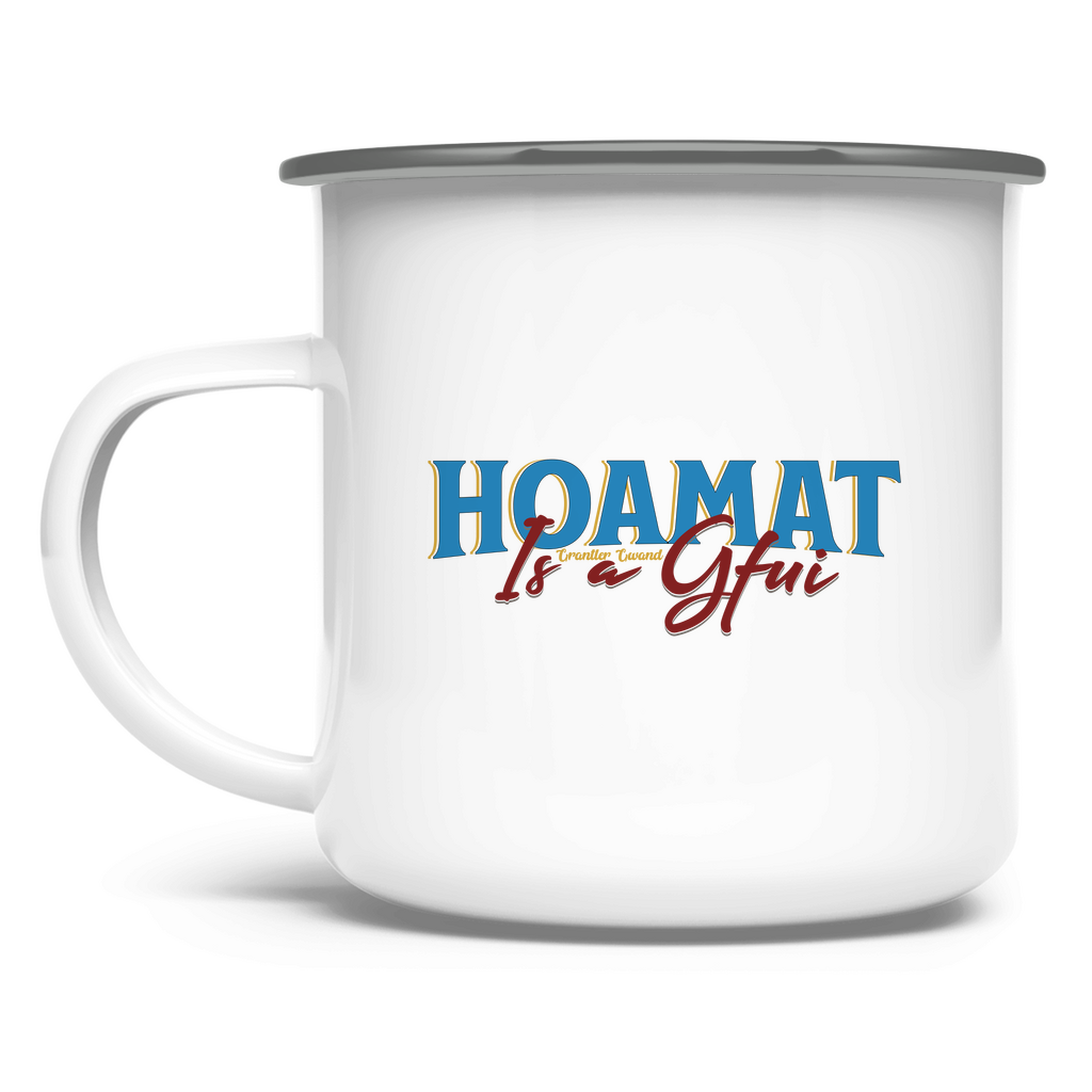 Emaille Tasse Hoamat is a Gfui - blau/rot