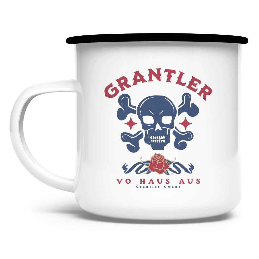 Bayerische Emaille Tasse Grantler vo Haus aus - rot/blau - Grantler Gwand