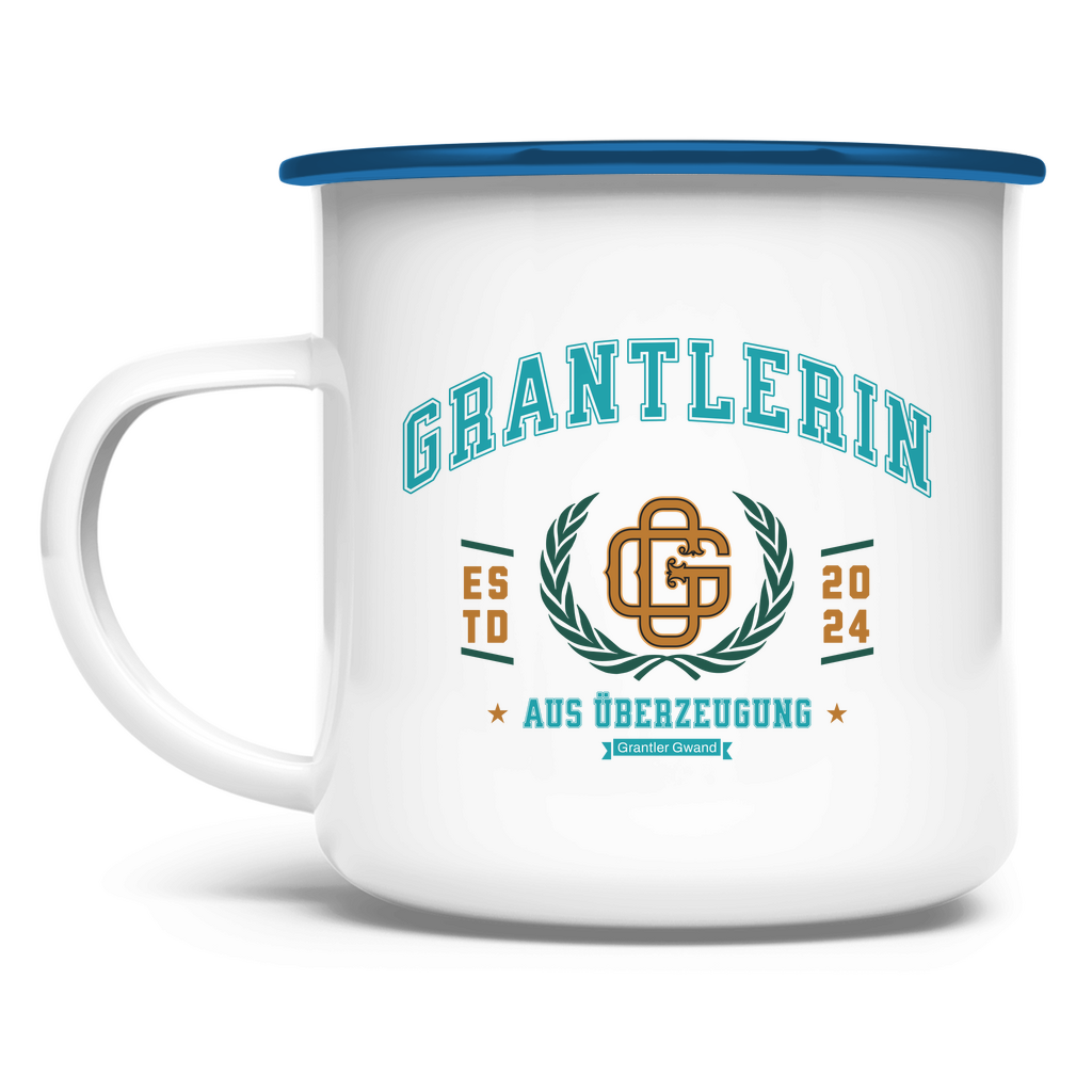 Emaille Tasse Grantlerin aus Überzeugung - mint/gold