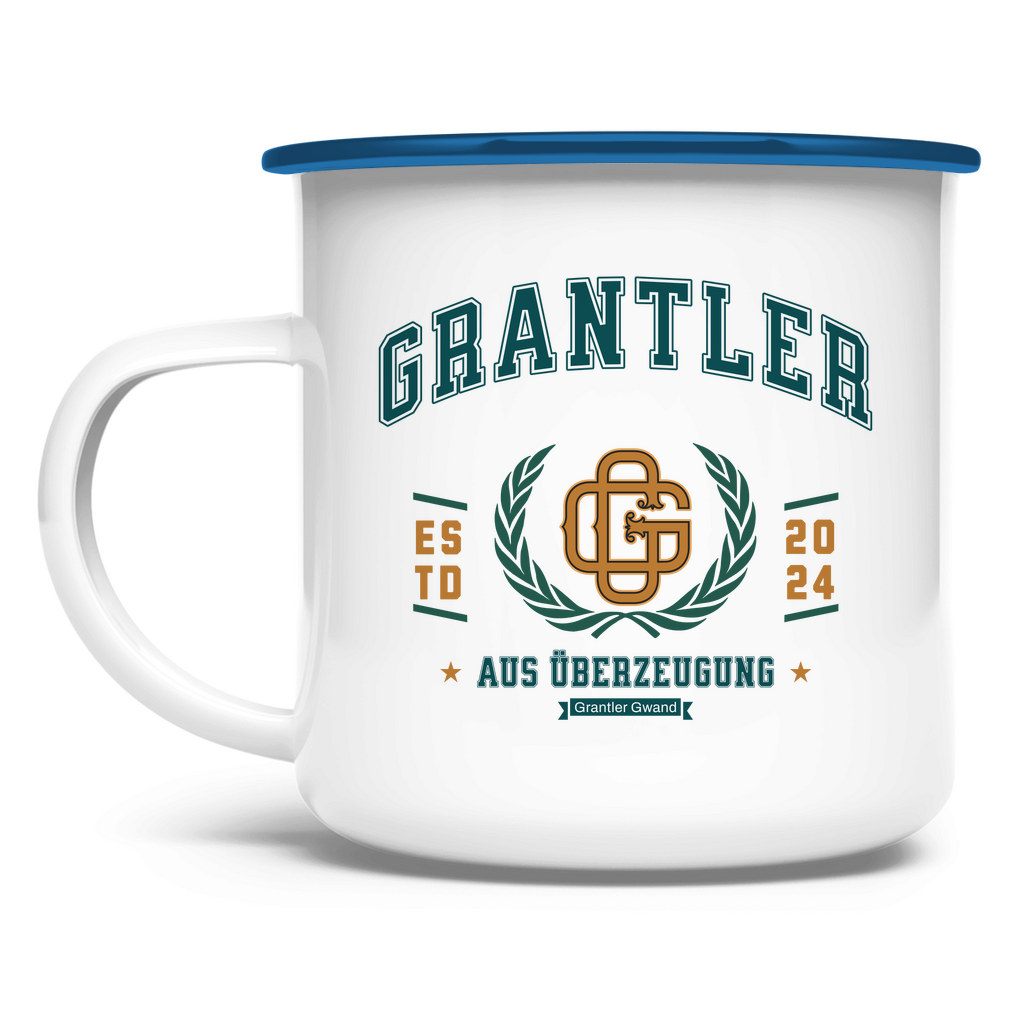 Emaille Tasse Grantler aus Überzeugung - grün/gold