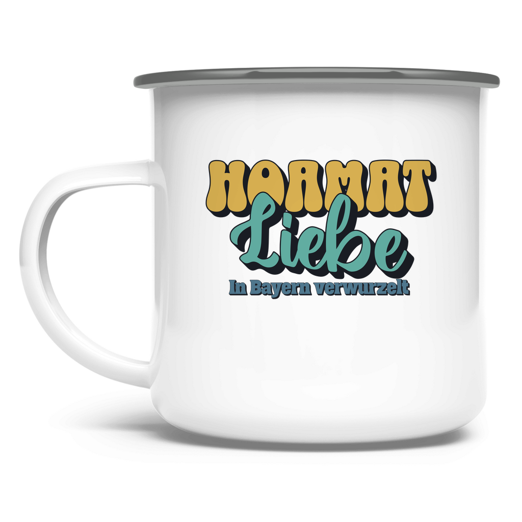 Emaille Tasse Hoamat Liebe -gold/grün
