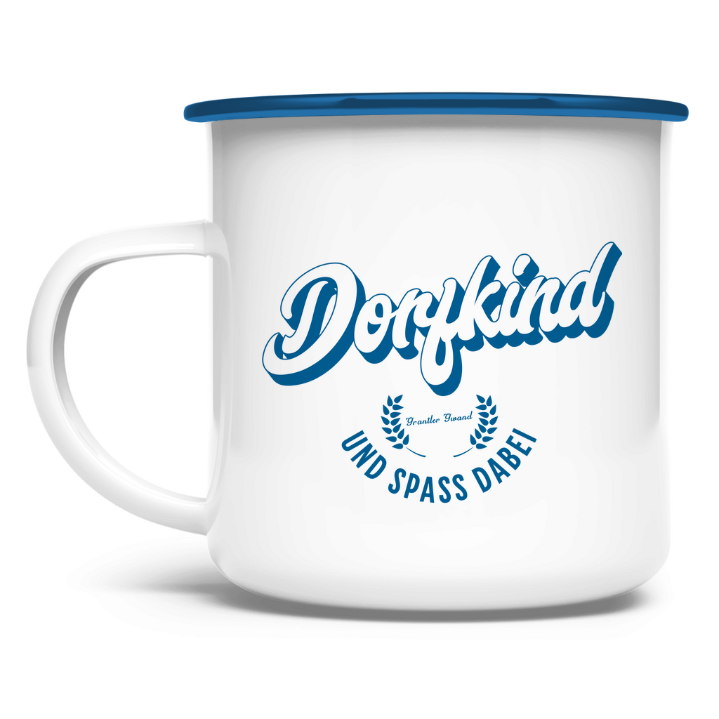 Bayerische Emaille Tasse Dorfkind und Spaß dabei - blau - Grantler Gwand