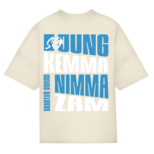 Bayerisches Oversize T-Shirt Unisex - So jung kemma nimma zam - blau/weiß - Grantler Gwand