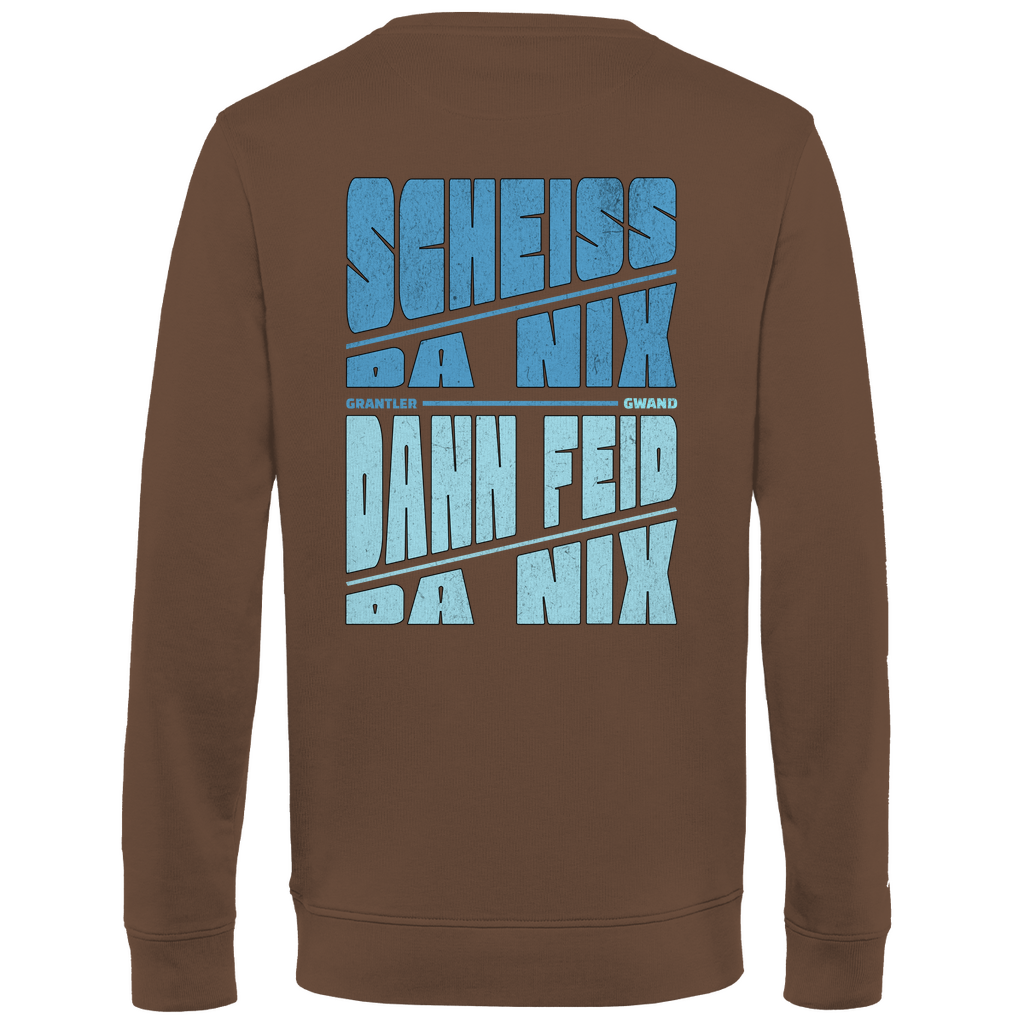 Bayerisches Herren Premium Bio Sweatshirt Scheiss da nix, dann feid da nix - blau - Front und Backprint - Grantler Gwand