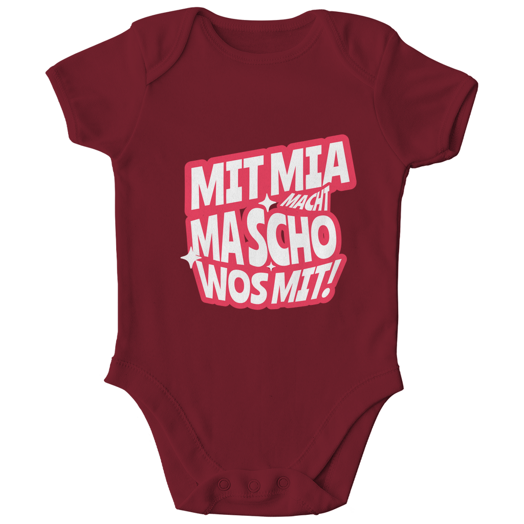Bayerischer Bio Baby Body Mit mia macht ma scho wos mit - rot - Grantler Gwand