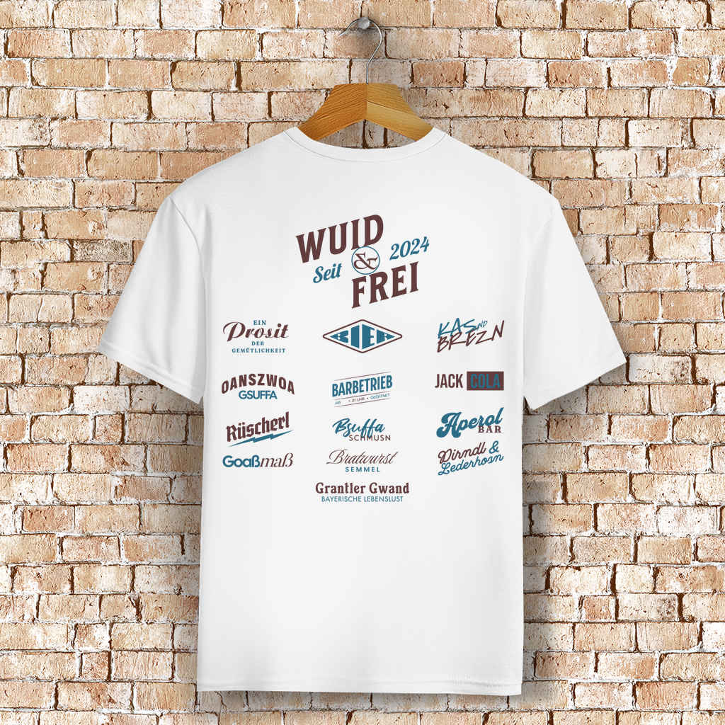 Bayerisches T-Shirt Unisex - Wuid & Frei Dorfleben -rot/blau - Grantler Gwand