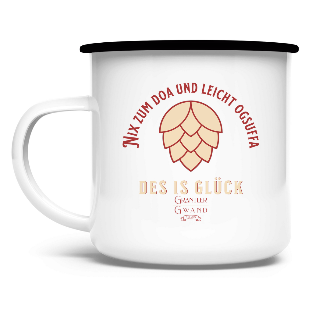 Emaille Tasse Nix zum doa und leicht ogsuffa - rot/beige
