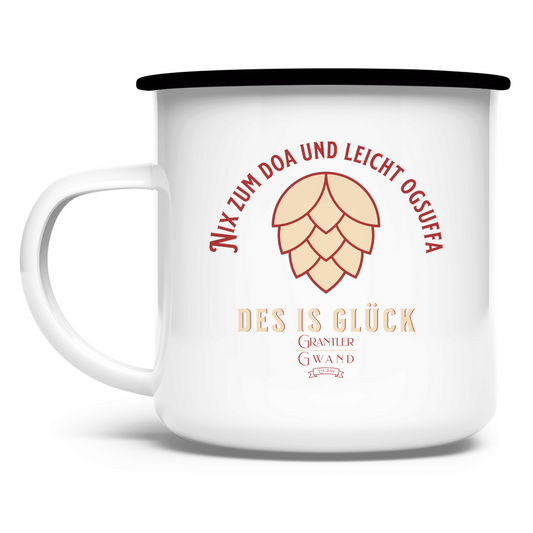 Emaille Tasse Nix zum doa und leicht ogsuffa - rot/beige